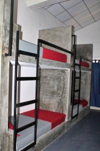 平谷Pranaya Hiriketiya的房间里有一张双层床，楼梯是红白相间的。