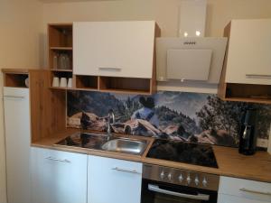 a kitchen with a sink and a stove at Ferienwohnung Maustadt in Memmingen