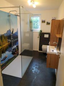bagno con doccia e lavandino di Ferienwohnung Maustadt a Memmingen