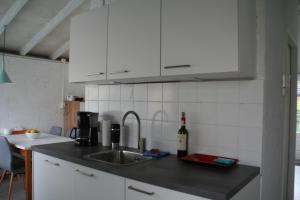 una cocina con fregadero y una botella de vino en Rekerlanden 90 en Schoorldam