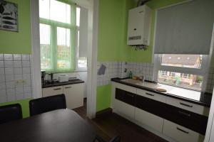 cocina con paredes verdes, armarios blancos y mesa en Wasen Apartment, en Stuttgart