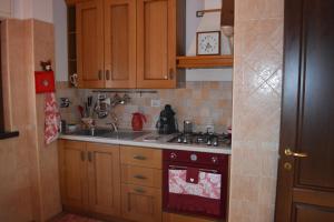 a kitchen with wooden cabinets and a stove top oven at La casa di Tizio, Caio e Sempronio in Rome