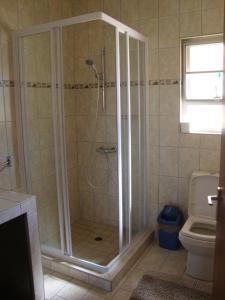 W łazience znajduje się prysznic ze szklanymi drzwiami. w obiekcie Okambishi's Rest w mieście Usakos