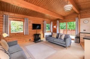 sala de estar con sofá, TV y chimenea en South Winchester Lodges en Winchester