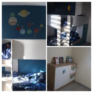 Eine Collage mit vier Bildern eines Kinderzimmers in der Unterkunft Ty Enez Mor in Lanildut