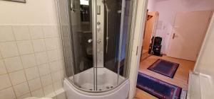 a shower with a glass door in a bathroom at Ferienwohnung Vennen in Görlitz