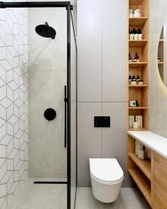 La salle de bains est pourvue d'une cabine de douche et de toilettes. dans l'établissement Luksusowy loft, z bezpłatnym parkingiem w centrum., à Wyszków