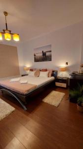 um quarto com uma cama grande e 2 tapetes em Ambiennt em Bucareste