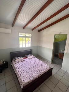 ein Schlafzimmer mit einem großen Bett in einem Zimmer in der Unterkunft La Marie-Galantaise dans la nature in Beaurenom