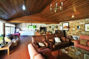 PRIVATE COUNTRY HOUSE 2000 MTRS LANZADA BEACH في بونتيفيدرا: غرفة معيشة بأثاث جلدي وجدار حجري