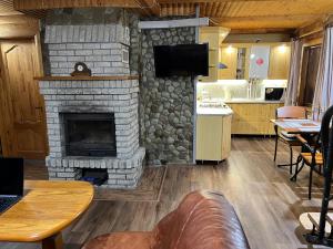 - un salon avec une cheminée en pierre et un canapé dans l'établissement Cottage Forest House, à Skhidnitsa