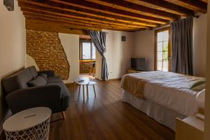 1 dormitorio con cama, sofá y TV en Apartamentos Turísticos La Casa Grande, en Arévalo