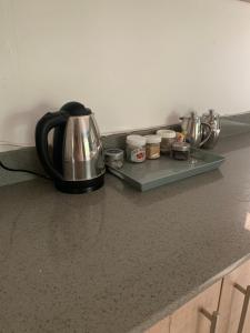 a tea kettle on a tray on a kitchen counter at Nightjar Guest Lodge in Nelspruit