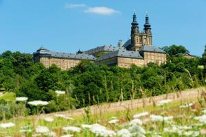 a castle on a hill with a field of flowers at Ferienwohnungen Haus Seeblick in Bad Staffelstein