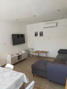 a living room with a couch and a flat screen tv at logement atypique in Arles