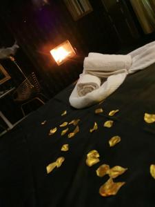 a group of petals on a table with a bed at Hacienda LA Demeure in Saint-Florent