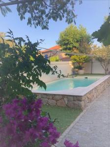 - une piscine dans une cour ornée de fleurs violettes dans l'établissement Villa Elva, au Plan-de-la-Tour