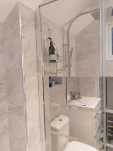 ein Badezimmer mit Dusche, Toilette und Waschbecken in der Unterkunft En-Suite Double Room (compact) in Strood, Rochester in Rochester