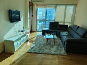 a living room with a couch and a tv at Great location two bedroom apatment ''MAXIM'' in Podgorica