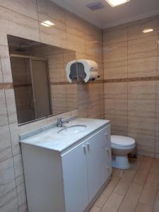 a bathroom with a white sink and a toilet at Cabañas y Departamentos Las Palmas, Temuco Depto 2 in Temuco