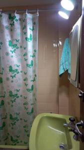 baño con cortina de ducha y lavabo verde en Casa Alpina espaciosa a 2 cuadras del centro de Villa Gesell y a 5 de la playa en Villa Gesell