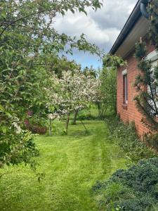 a yard with flowering trees and a brick house at Ferienhaus Annu in Lensahn