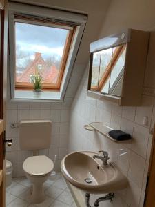 a bathroom with a sink and a toilet and a window at Ferienhaus Annu in Lensahn