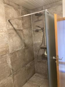 a shower with a glass door in a bathroom at Draußen am See in Losheim