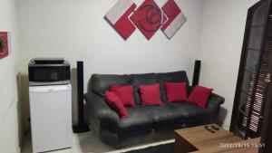 a living room with a leather couch with red pillows at Loft Aconchegante em Petrópolis in Petrópolis