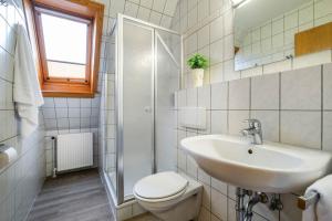 een badkamer met een toilet, een wastafel en een douche bij Haus Kähler 1 Wohnung 7 in Büsum