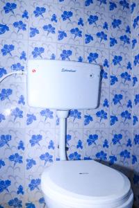 a white toilet in a bathroom with blue and white tiles at PARI MUTHU VILAS in Chidambaram
