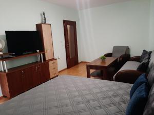 een woonkamer met een bank en een flatscreen-tv bij Апартамент Миг in Haskovo
