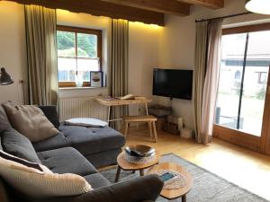 濱湖瓦京的住宿－Seehäuschen - Waging Tettenhausen，带沙发和电视的客厅