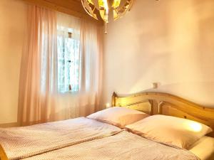 濱湖瓦京的住宿－Seehäuschen - Waging Tettenhausen，一间卧室配有一张带窗户和吊灯的床。