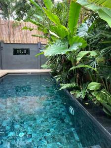 una piscina en un jardín con plantas verdes en Dojo pool villa en Jomtien Beach