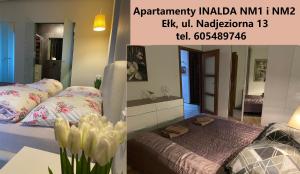 厄尔科Inalda的卧室两张照片,配有一张床和镜子