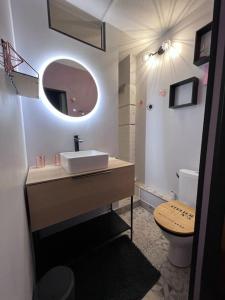 a bathroom with a sink and a toilet and a mirror at Agréable maison de ville dans quartier calme in Bourges