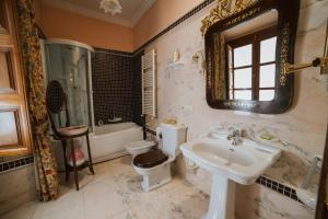 un bagno con lavandino, water e specchio di Andalusian Palace a Priego de Córdoba