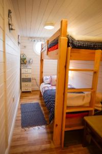 ein kleines Zimmer mit einem Etagenbett und einer Leiter in der Unterkunft Seagrove Beach Cabin in Seaview