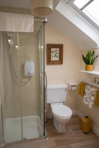 a bathroom with a toilet and a glass shower at Dromard Guest Accommodation in Enniskillen