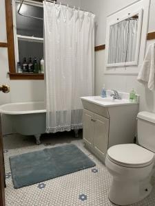 a bathroom with a toilet and a tub and a sink at The Karlov. Gorgeous ,spacious 2BD/ 1BA w/ Parking in Chicago