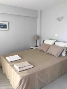 1 dormitorio con 1 cama grande y 2 toallas. en Beautiful seaside studio with amazing view en Atenas