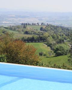 a swimming pool with a view of a field and trees at Agriturismo Rigone in Chianti in Montaione