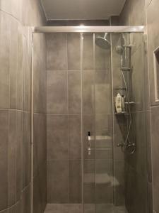 um chuveiro com uma porta de vidro na casa de banho em Come & Stay apt em Ierápetra