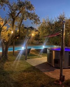 een zwembad met verlichting in een park 's nachts bij B&B La Cervaiola in Porano