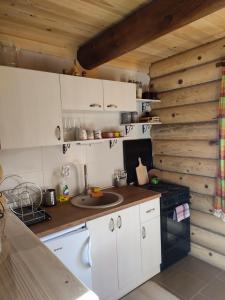 eine Küche mit weißen Schränken und einem schwarzen Herd in der Unterkunft Brvnara Pahuljica Zlatar in Nova Varoš