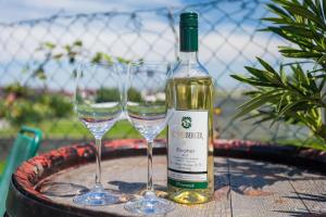 a bottle of wine and two wine glasses on a table at Appartementhaus Martina in Mörbisch am See