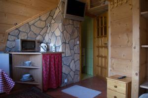 a room with a stone wall and a microwave at Willa Jafer - Zakopane Centrum in Zakopane