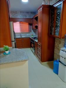 uma cozinha com armários de madeira e uma bancada em شقه فندقيه.Apartment,Petra em Wadi Musa