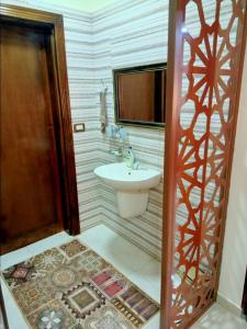 uma casa de banho com um lavatório, um espelho e um chuveiro em شقه فندقيه.Apartment,Petra em Wadi Musa